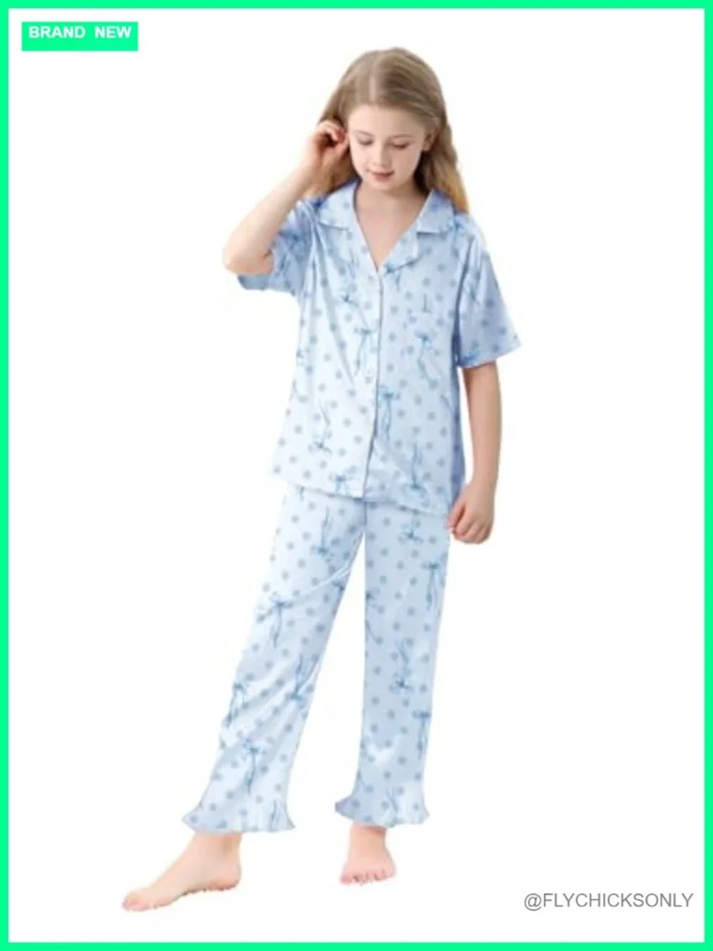 Girls 3 Piece Silk Satin Pajama Set Short Sleeve Ruffle Sleepwear Button Down